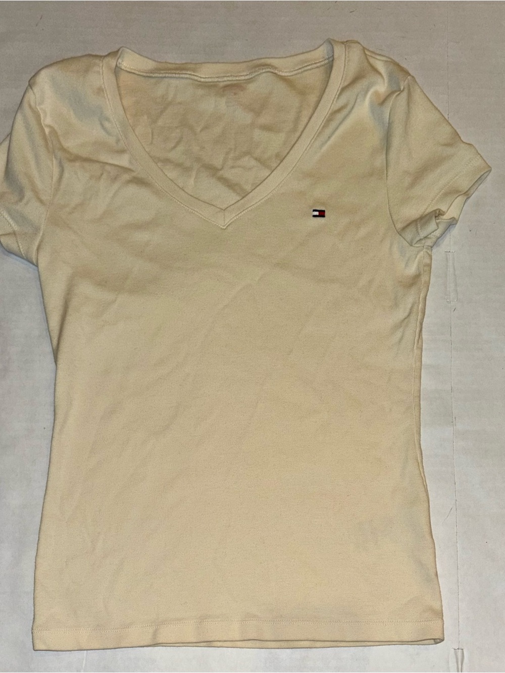 Tommy Hilfiger Cream V-Neck Short Sleeve Tee with Flag Logo